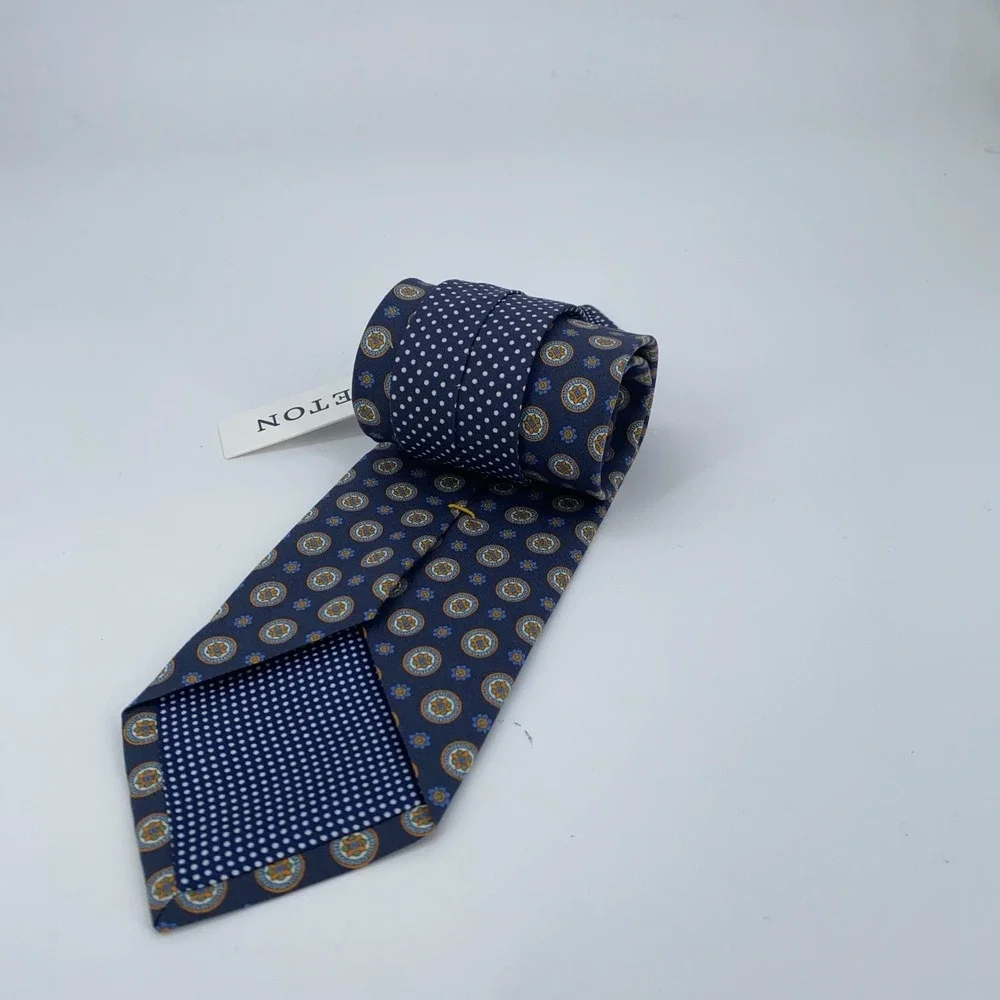 Eton Tie Mens One Size Navy Patterned Silk Classic Fit Necktie Italy‎ Made NWT